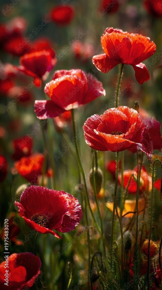 Obraz premium Field of vibrant red poppies with dew drops glistening in bright sunlight on a warm summer day in a lush green meadow detailed floral beauty
