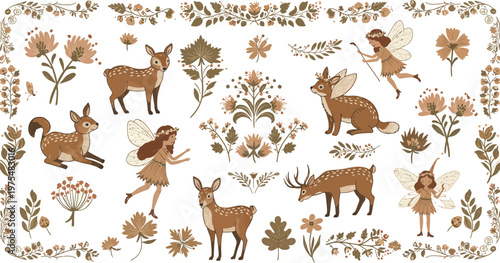 Whimsical illustration of deer and forest animals in a natural setting with plants and trees all around them freely roaming
