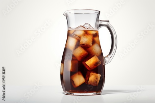 Glass pitcher full of ice cubes and a refreshing dark brown beverage, perfect for a summer day