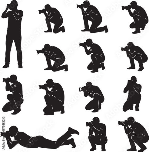 Professional photographer silhouettes set, 14 black vector icons of cameramen in various poses, photography equipment and media production graphics