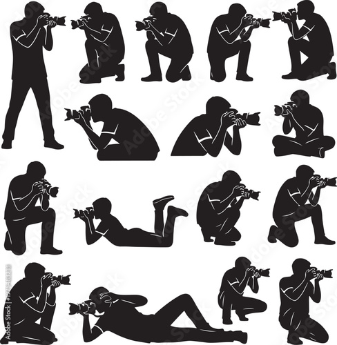 Photographer silhouette collection, professional cameraman in various poses, set of 16 vector icons for photography and media production