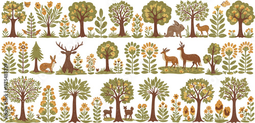 Whimsical forest scene with trees animals and foliage in a repeating pattern design