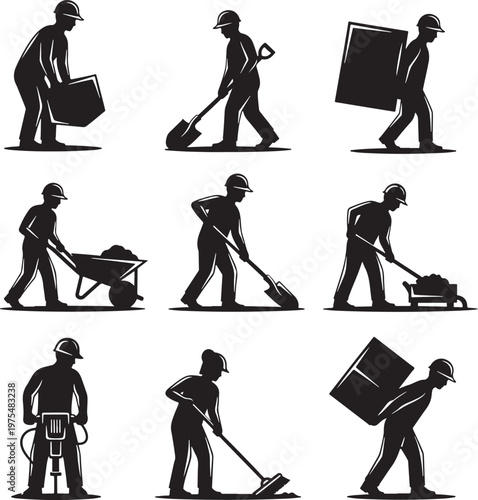 Construction worker silhouette set, industrial laborer icons with tools and equipment, 9 vector elements of builders and manual workers