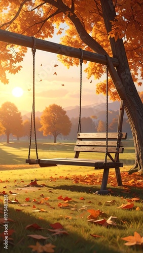 A serene autumn scene with a wooden swing hanging from a tree branch