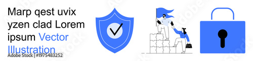 Internet security, teamwork, data protection, online safety, threats prevention, access control. Blue shield with a checkmark, teamwork building a structure and a secure lock icon. Cybersecurity