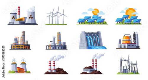 Diverse Energy Sources - Nuclear, Wind, Solar, Hydro, and Fossil Fuel Plants.