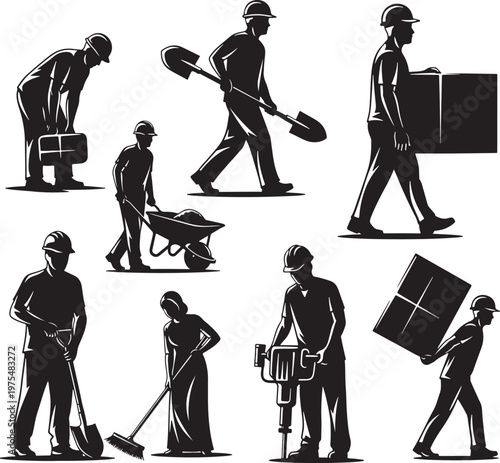 Construction worker silhouettes set, industrial labor icons with hard hats and tools, manual laborers performing site work, black and white vector graphics