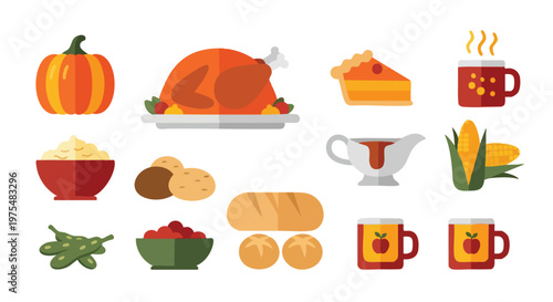 Assorted food items including pumpkin turkey pie and beverages.