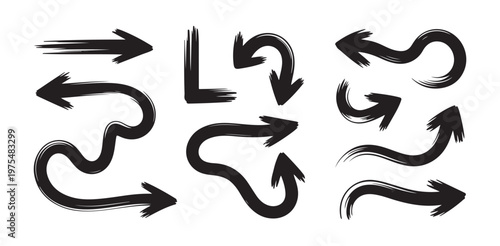 collection of hand drawn brush stroke arrows pointing in various directions isolated on white background vector illustration