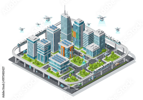 Innovative smart city with futuristic transport and sustainable energy solutions