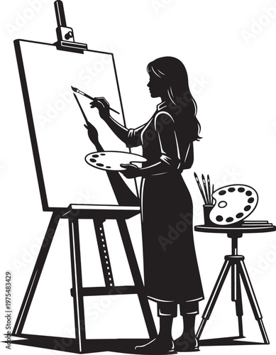 Black and white vector silhouette of female artist painting on canvas, woman painter with easel and palette, creative art studio illustration