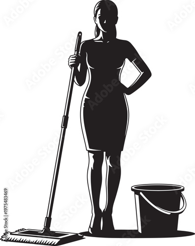 Professional cleaning service woman silhouette, female janitor with mop and bucket vector, housekeeping worker in black and white woodcut style