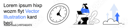 Time management, productivity, online work, growth, efficiency, progress. A clock, woman using a laptop and arrows growth and progress. Time management and productivity visuals