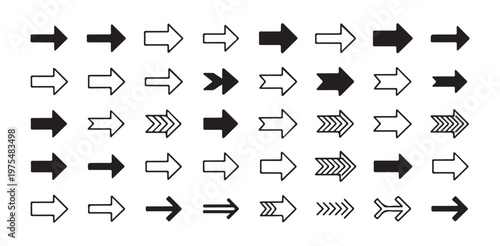 Set of various black and white arrow icons direction signs graphic elements collection
