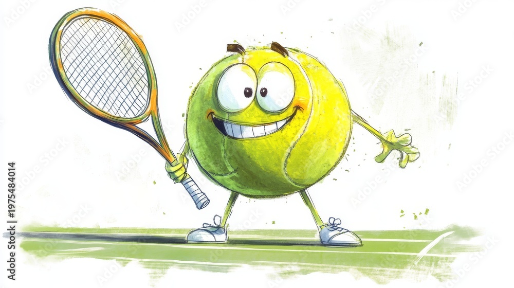 Obraz premium 13.Old-school cartoon tennis ball character in a dynamic stance, whimsical facial features, thick outlines, and simplified shading, gripping a racket with exaggerated enthusiasm.
