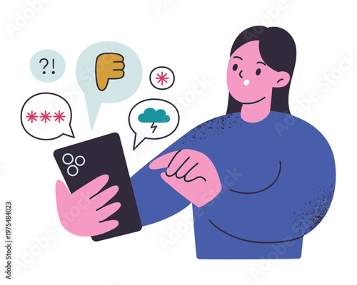 Online hate scene, flat cartoon young woman character in shock looking at negative comments and dislikes on social media. Cyberbullying and internet hate, toxic online behavior vector illustration