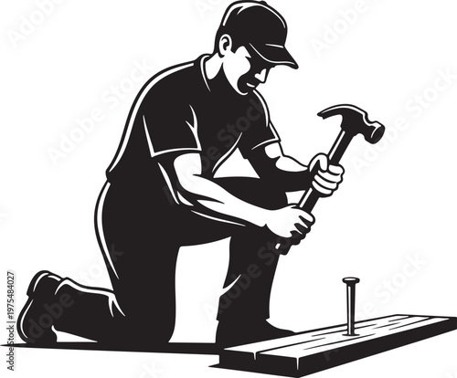 Vintage carpenter vector illustration, handyman using hammer and nail on wood, professional contractor working on construction project, black and white woodcut style
