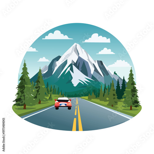 Road trip vector illustration car driving toward mountain scenic landscape