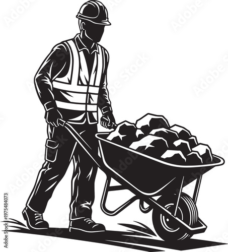Construction worker silhouette pushing a wheelbarrow full of rocks, manual laborer in safety gear and hard hat, industrial building site vector