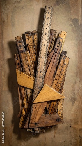 A weathered collection of wooden tools, arranged against a textured backdrop