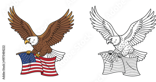 Majestic Bald Eagle Carrying American Flag - Color and Line Art Versions for Patriotic Celebrations and 4th of July Independence Day
