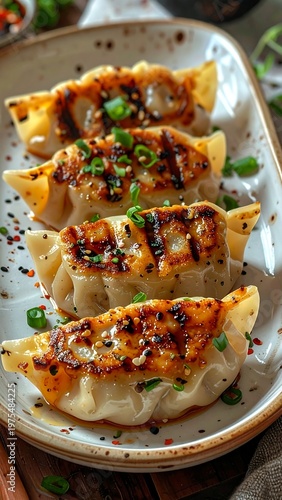 Crispy-bottomed dumplings on a plate, garnished with green onions