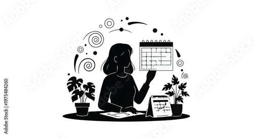 woman planning schedule with calendar and plants on desk