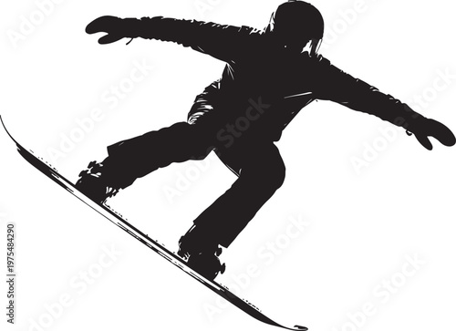 Snowboarder jumping silhouette vector, extreme winter sports athlete performing a trick, black and white snowboarding action graphic for apparel design