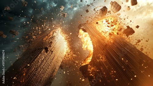 35.Dramatic conceptual scene showing two opposing economic forces represented by towering structures colliding, sparks and debris symbolizing rising tension in global trade dynamics.
