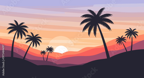 A tranquil sunset view featuring silhouetted palm trees. Evokes a feeling of relaxation and could be used for travel marketing or a calming website ba