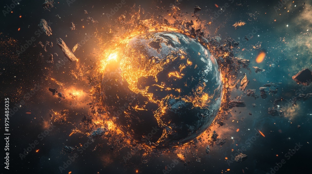 Obraz premium 44.Conceptual artwork of Earth surrounded by chaotic symbols of conflict, its surface glowing with strain, representing worldwide consequences and collective loss.