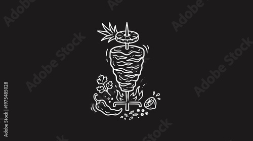Graphic Shawarma Grill with Ingredients on Black