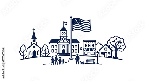 Small Town Skyline with American Flag and Residents
