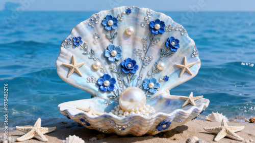 Scallop Shell Decoration Inlaid with Pearls and Blue Flowers