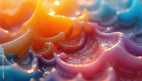 Abstract Liquid Art with Vibrant Orange Pink and Blue Waves Illuminated by Golden Sunlight Creating a Mesmerizing Fluid