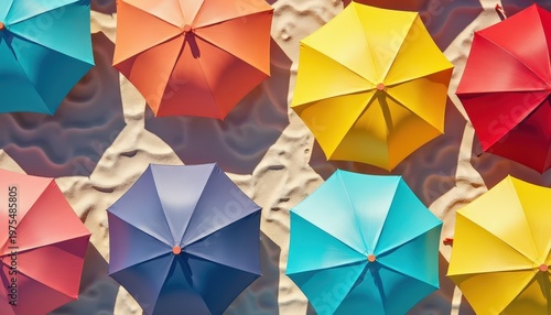 Colorful Beach Umbrellas Providing Shade On A Sandy Beach On A Sunny Day