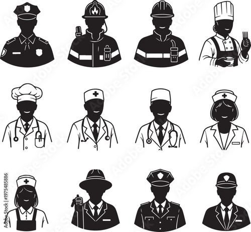 Professional occupation avatar icons, set of 12 worker silhouettes, diverse career characters including doctor, police, firefighter and chef vector