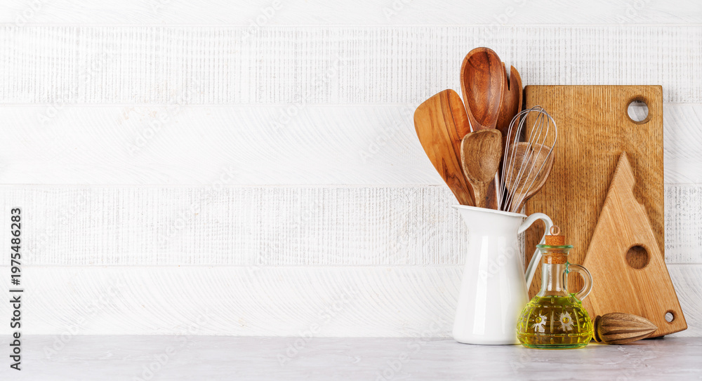 Fototapeta premium Kitchen utensils and spices on table