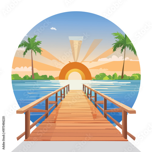 Wooden pier at sunset with ocean and palm trees vector illustration