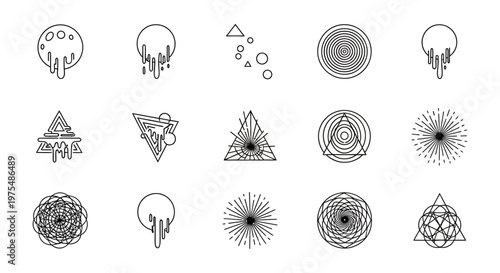 Geometric shapes and abstract symbols.