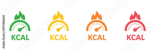 Kilocalories and fat burn icon set, calorie counter and fitness tracking symbols