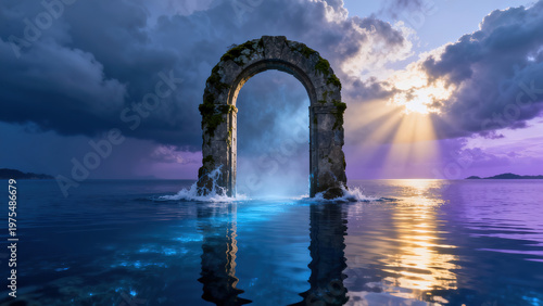 Mysterious Stone Arch and Light in Sea at Dusk