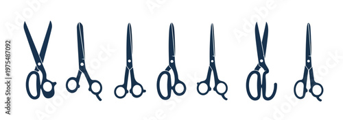 Professional hair salon scissors silhouettes in various positions and angles for barber shop branding and logo design