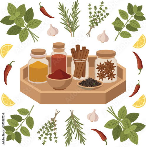 Colorful Herbs Spices Wooden Board With Condiments And Fresh Ingredients Illustration