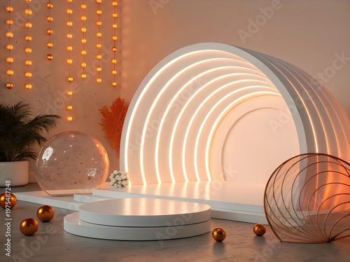 A large light fixture in a room with a circular base and a large light