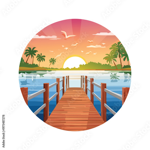 Scenic sunset view with a wooden pier over a calm ocean vector illustration