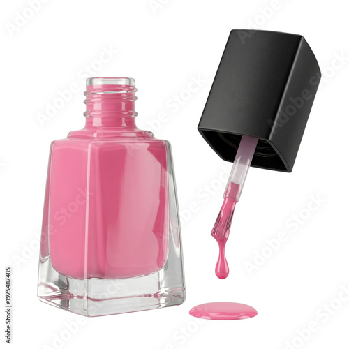 Pink Nail Polish Bottle with Open Cap and Droplet