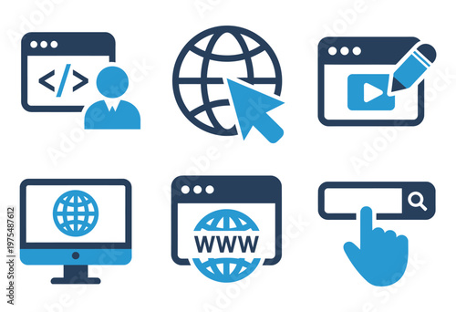 Internet and coding icons, symbols for web programming, online research, and content management, modern professional vector illustration.