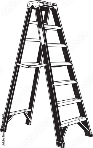 Industrial step ladder vector illustration, black and white folding stepladder for construction, professional aluminum ladder tool icon