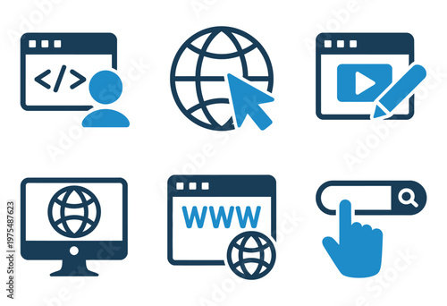 Internet and coding icons, symbols for web programming, online research, and content management, modern professional vector illustration.